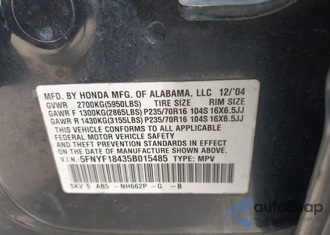 2005 Honda Pilot Ex из США, поврежденный, VIN 5FNYF18435B015485